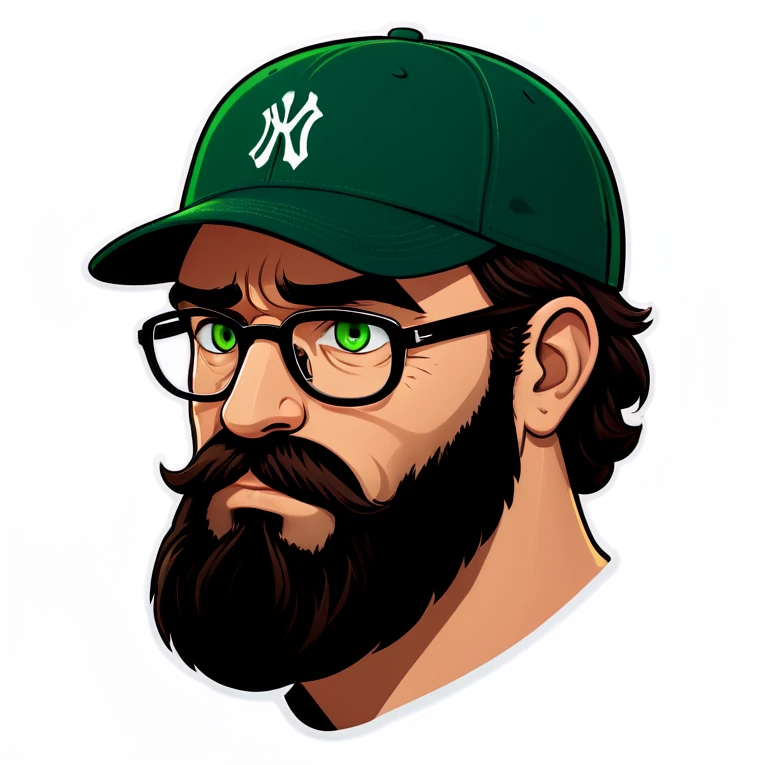 A man with a grey baseball cap, green eyes, big dark brown beard and glasses, facepalm emoji