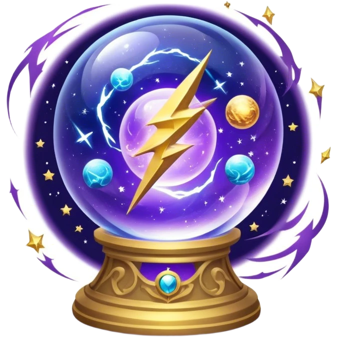 A mystical, glowing crystal ball with swirling sparkles and lightning bolts inside, surrounded by zodiac signs and planets floating in space, with tarot cards spread out on the table around the ball. Use bright purples, blues, and golds to create a magical, mysterious vibe. transparent background.  emoji