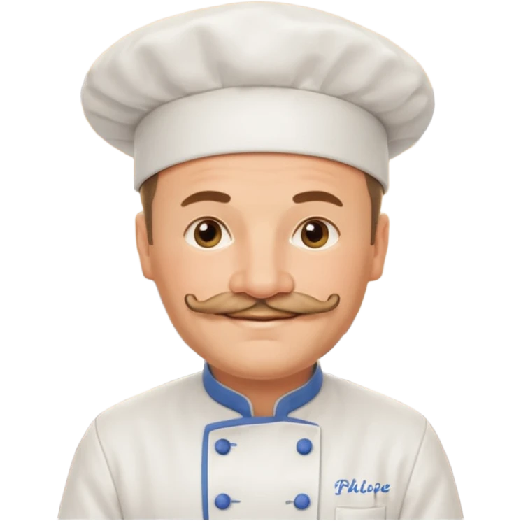 Est-ce que tu peux me faire un chef cuistot qui ressemble à Philippe Etchebest et qui est devant un restaurant? Est-ce que tu peux le faire souriant, avec une moustache de cuistot? 
 emoji