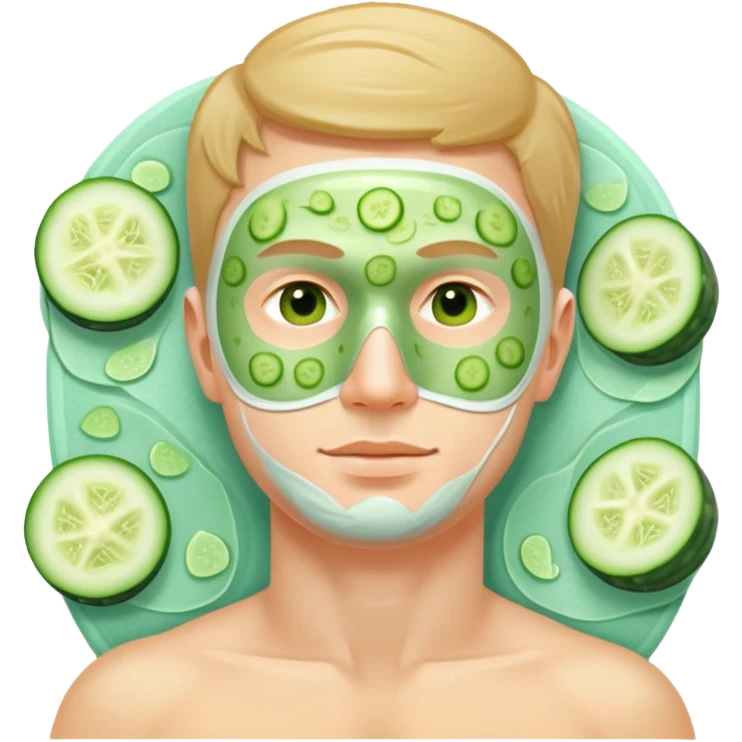white man with green facial mask and cucumber slices on eyes, relaxing at a spa emoji