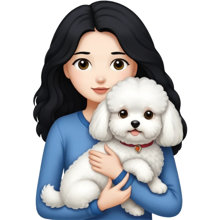 woman with long black hair holding white fluffy Bichon Frise dog emoji