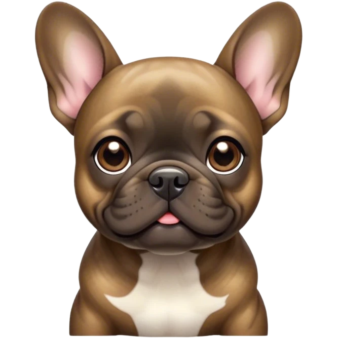 Cinematic Cute Brindle French Bulldog Portrait Emoji, Head tilted playfully and inquisitively, featuring a glossy brindle coat with a smooth texture and delicate fawn highlights, round, sparkling dark eyes filled with curiosity, Simplified yet irresistibly adorable features, highly detailed, glowing with a warm, friendly glow, high shine, affectionate and lively, stylized with a touch of whimsy, bright and endearing, soft glowing outline, capturing the essence of a mischievous yet loving companion, so playful it feels like it could prance out of the screen and into your arms! emoji