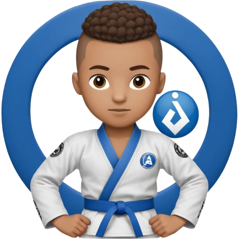 Mixed race boy BJJ instructor with pony tail afro hair and shaved bald sides haircut, Make the hair brown and the belt blue. Add the roger Gracie academy logo on the go also and the p logo of progress jiu jitsu on the right arm sleeve  at the top emoji
