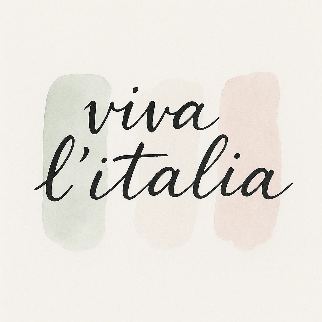 Calligraphic text 'viva l'italia' in black handwritten style on white background in watercolor style with white, green, and pink pastel tones emoji