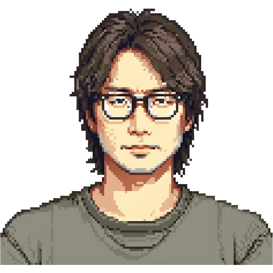 Hideo Kojima as a creative game director with glasses and unique hairstyle, stylized portrait in pixel art style emoji