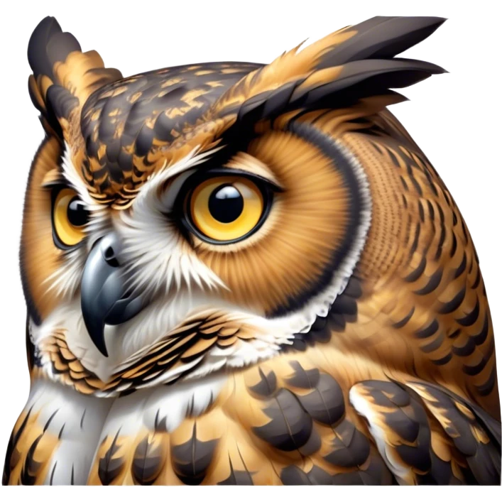 Cinematic Deep Thought Great Horned Owl Portrait Emoji, Head held high with a calm, reflective gaze, showcasing a beautifully mottled plumage and piercing golden eyes that seem to ponder the mysteries of the night, Simplified yet majestically refined features, highly detailed, glowing with a soft, contemplative light, high shine, poised and thoughtful, stylized with an air of profound introspection, capturing the essence of an owl deeply engaged in thought, so thoughtful it feels like it could silently share timeless secrets from beyond the screen! emoji