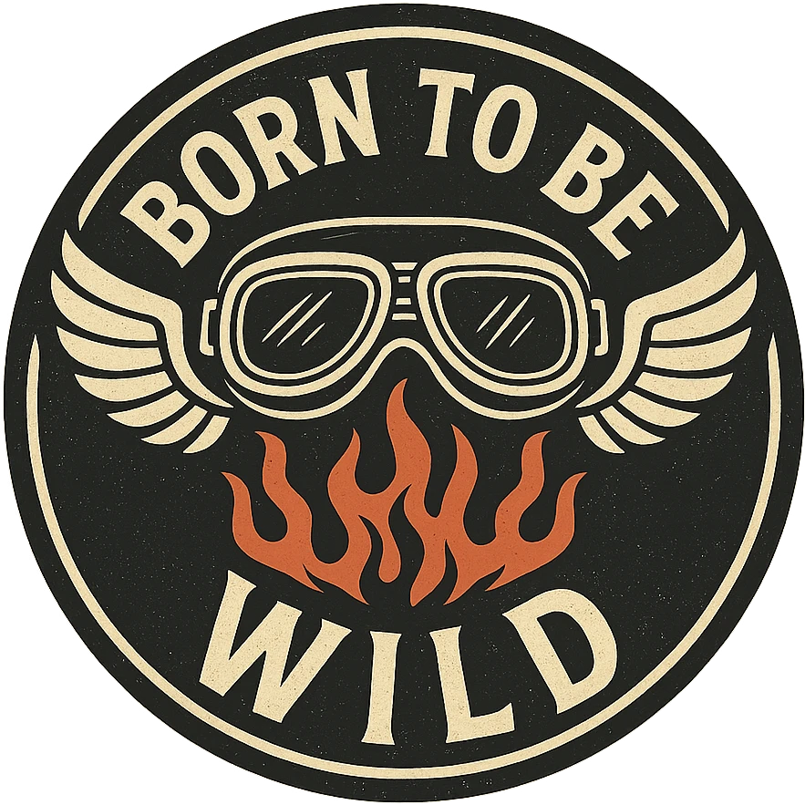 circular motorcycle cap design with transparent background, text 'Born to be wild', motif: motorcycle goggles, wing, flame, modern style emoji