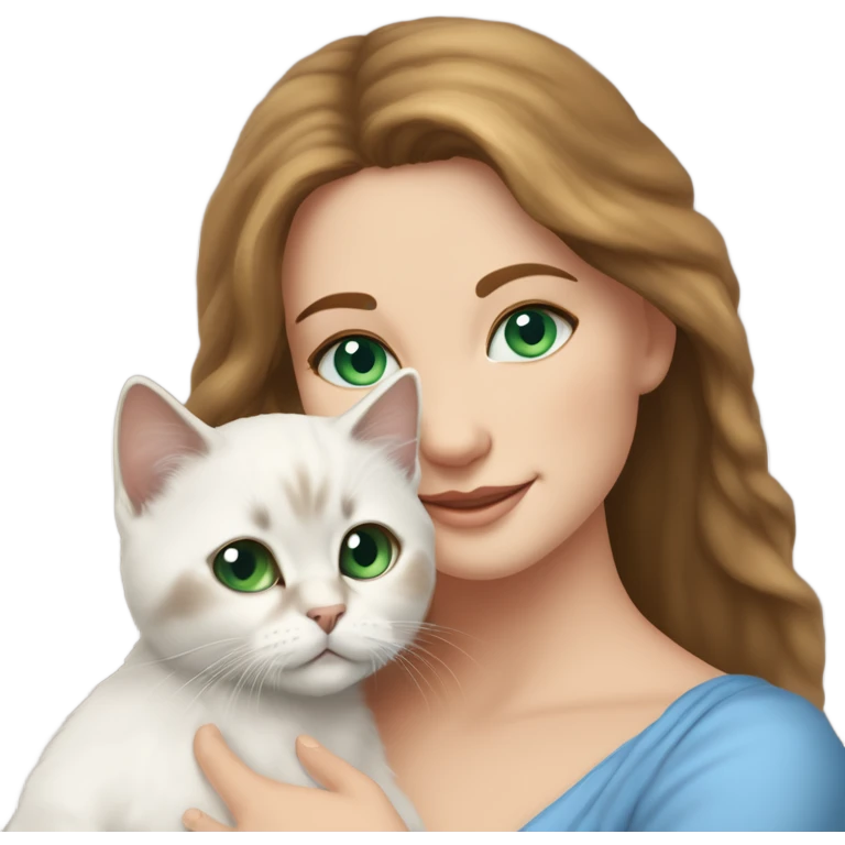 white woman with medium-length brown hair, green eyes and brown freckles on the face under the eyes, holding her sacre de birmanie kitten in her arms with much love, the baby cat has blue eyes, a lot of dark areas on ears and middle of the face. emoji