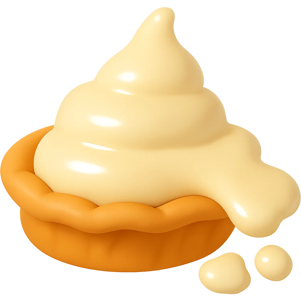 Add an additional cream splat on the right side of the pie, matching the existing style and lighting. Keep the playful 3D emoji style, golden brown crust. emoji