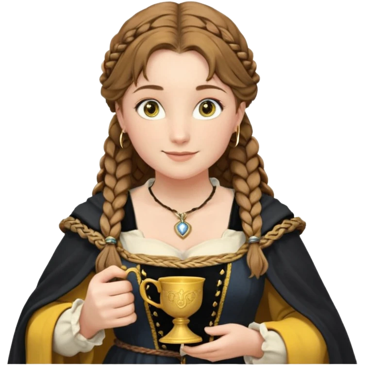 Helga Hufflepuff, light blue eyes, brown-haired, two braids, yellow-black medieval dress, black cloak decorated with gold braiding, tiny gold cup with two handles, very kind smile, half-turned in profile, curvy busty sweet woman, macromastia, thick round rosy cheeks, full length with medieval shoes emoji