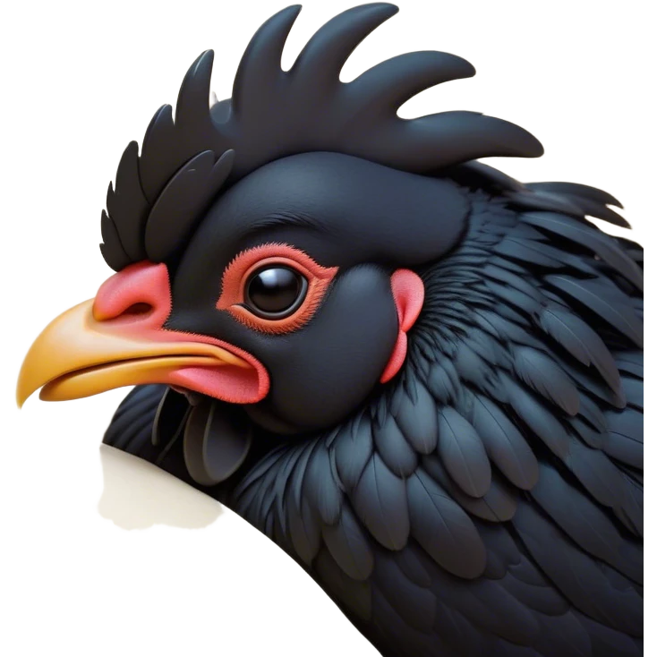 Meme-Worthy Cute Sleeping Black Rooster Portrait Emoji, Head resting peacefully with a contented smile, showcasing a robust build and a luxuriously soft pure black plumage, eyes shut in a serene, restful nap, Simplified yet hilariously adorable features, highly detailed, glowing with a soft, drowsy light, high shine, relaxed and utterly lovable, stylized with an air of playful laziness, bright and heartwarming, soft glowing outline, capturing the essence of a comically sleepy rooster, so meme-worthy it feels like it could instantly become the next viral sensation of adorable slumber! emoji