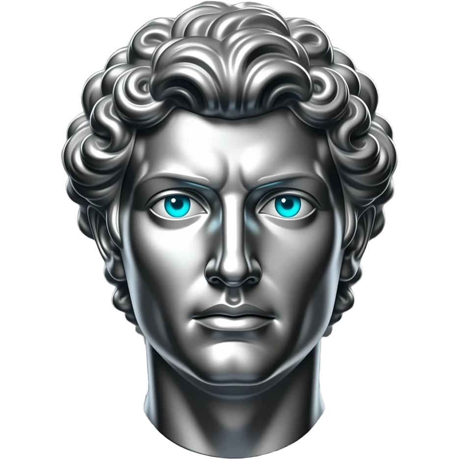 "A glasy/chrome stoic Greek statue head, front-facing, serious focused expression, glowing cyan (#00D4B1) eyes, dark background. Chrome reflections with subtle cyan light accents. Clean, no background, emoji style, high detail. The statue represents discipline, focus and self-mastery." emoji