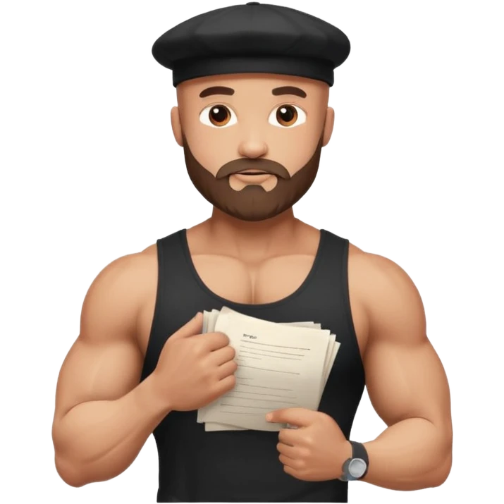 Buff bald bearded guy in black cap flexing, Instagram icon on chest, papers flying around, sparkles, minimal style emoji