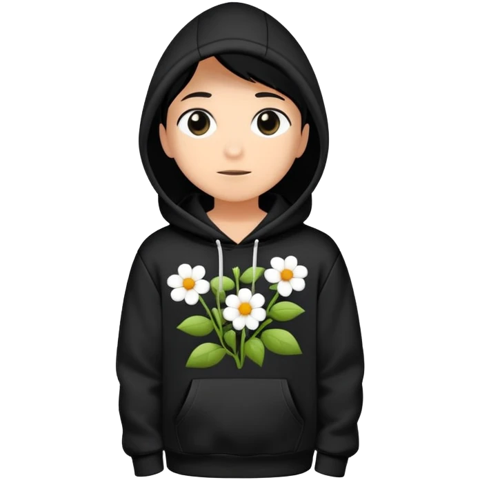 The BLACK Hoodie features a black base with distinctive white and black  open flower spots with empty space in the middle, These hollow ring-like patterns are scattered across. BLACK AND WHITE FLOWERS SPACED OUT FLOWERS, AND ONLY A FEW FLOWERS AND NO DOTS, NO VINES emoji