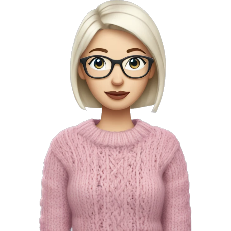 Mom with silvery blonde thin short stick straight hair and light colored glasses wearing a sweater, White ethnicity, pink lips, light blue eyes, pale skin, knitting with a ball of yarn and knitting needles emoji