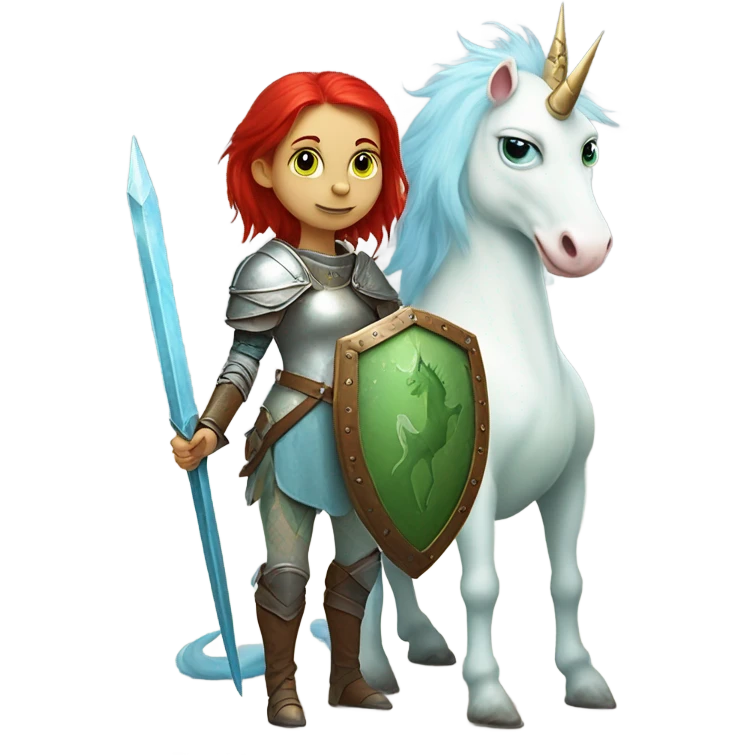 medieval shield: [politically incorrect, (
	{ female, alien, color: light green, hair:red, eyes:cat} ]
	on a 
	[{ unicorn: white, legged:four, mane: light blue }]) emoji