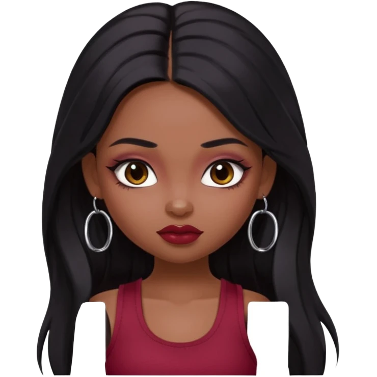 a pretty bratz girl with long black hair, kajal under eyes, small silver hoop. Dark cherry red tank top on.  emoji