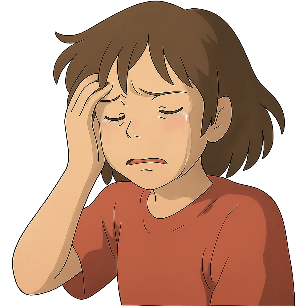 ghibli style sad girl with pained expression, hand on temple, headache emoji