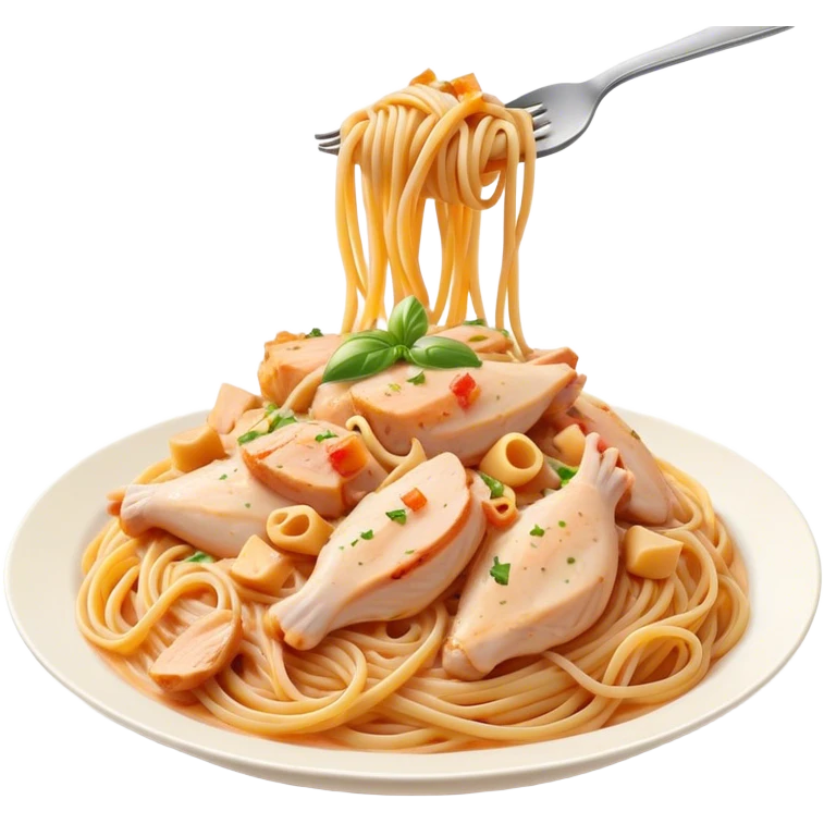 Cinematic realistic emoji depicting a dish of spaghetti with pieces of chicken breast in a creamy sauce, made with realistic details and bright natural lighting emoji
