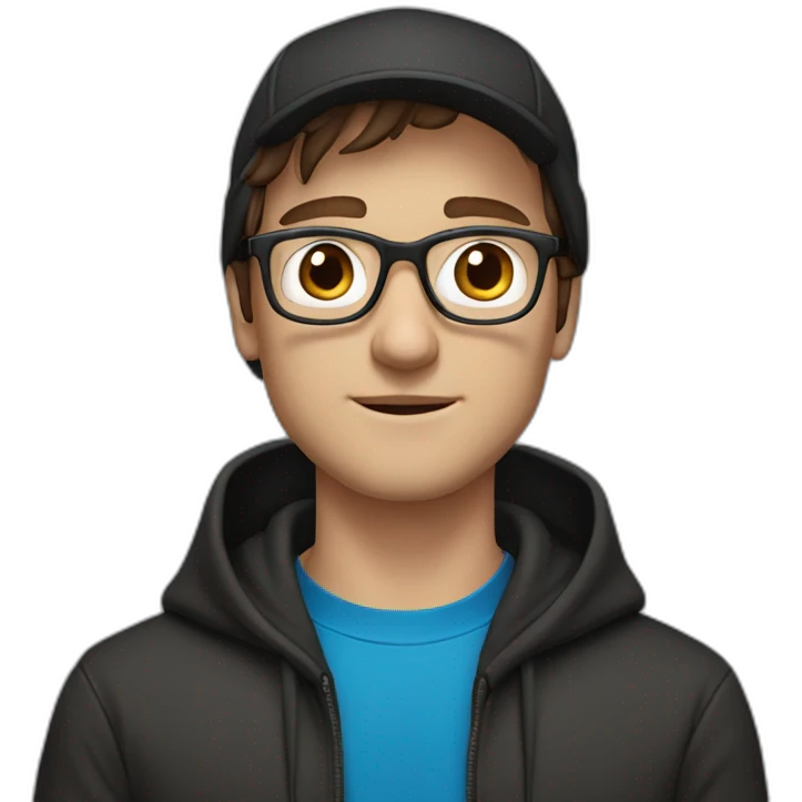 man with blue eyes, brown hair, black hoodie, glases, cap emoji