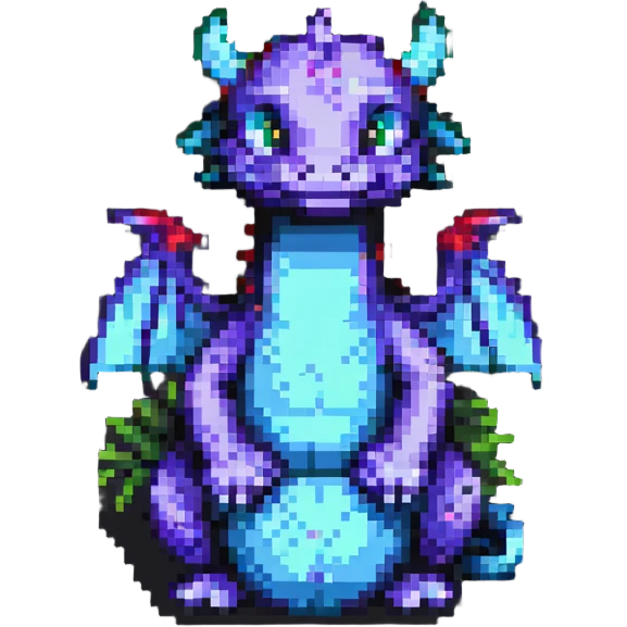 pixel art dragon with tiny wings, sitting and smiling emoji