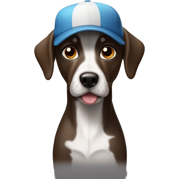 A short hair, pointer dog wearing a baseball cap and sunglasses emoji