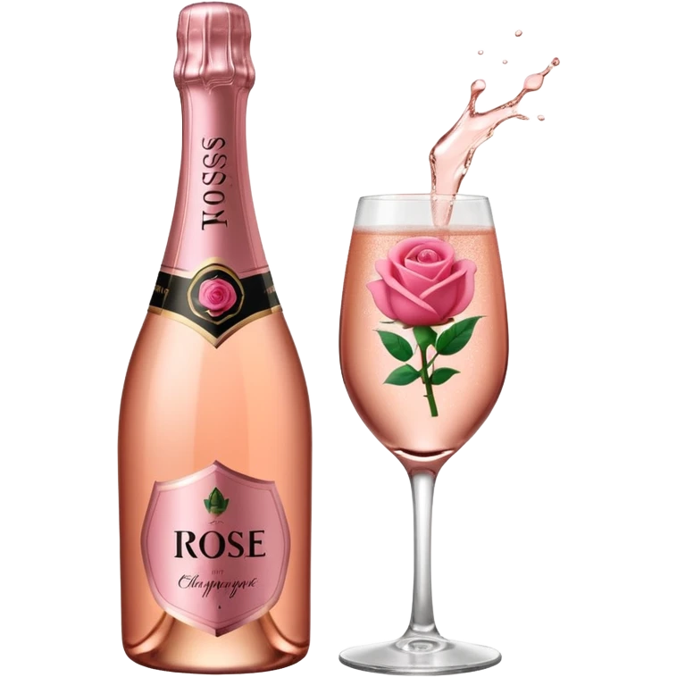 bottle of sparkling rose champagne tilted up and to the right, with a rose logo, no glass emoji