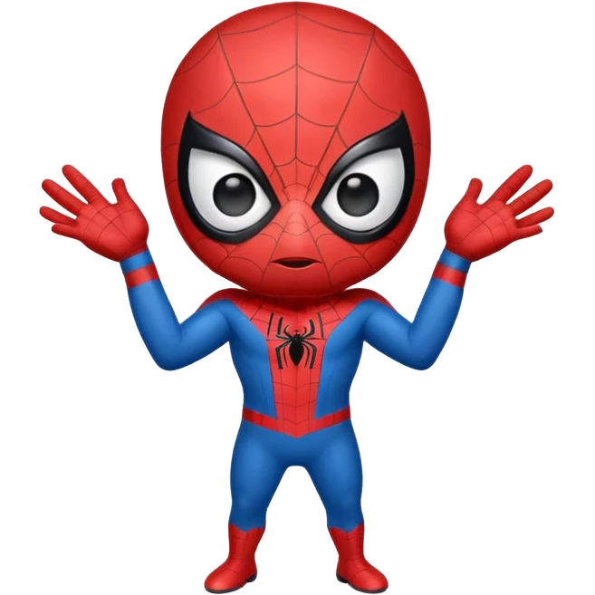 A cute caricature Spider-Man emoji, chibi style, oversized head and tiny body, big expressive white eyes, simplified red and blue suit, thick black outlines, glossy cartoon shading, friendly playful expression, clean vector style, centered face, emoji-sized, transparent background emoji
