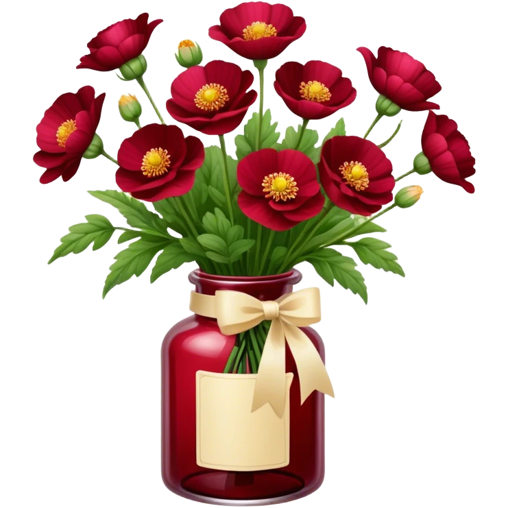 aesthetic bow in Cream red , Deep Red color glass bottle and in it a beautiful bouquet of Amaranth Chinese buttercup  emoji