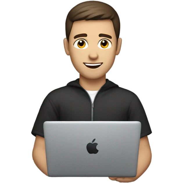 white guy with dark brown hair with crewcut haircut programming with a dark colored macbook emoji