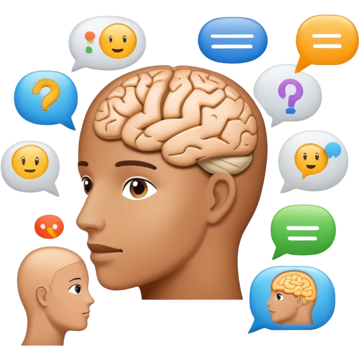 Natural Language Processing, brain with text analysis, speech bubbles with data parsing emoji