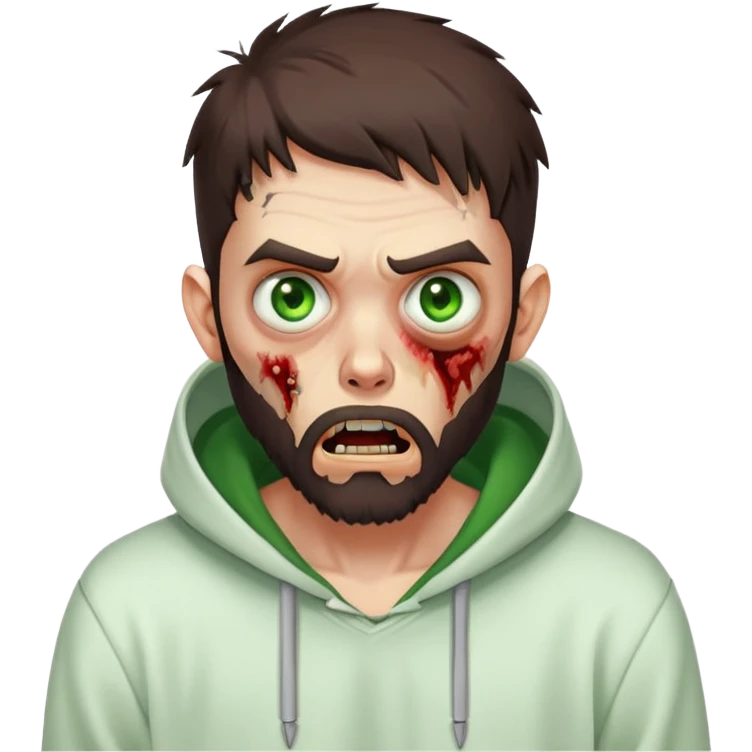 zombie with shocked expression, undercut hairstyle with dark brown hair, short full beard, intense green eyes, wearing plain white hoodie emoji