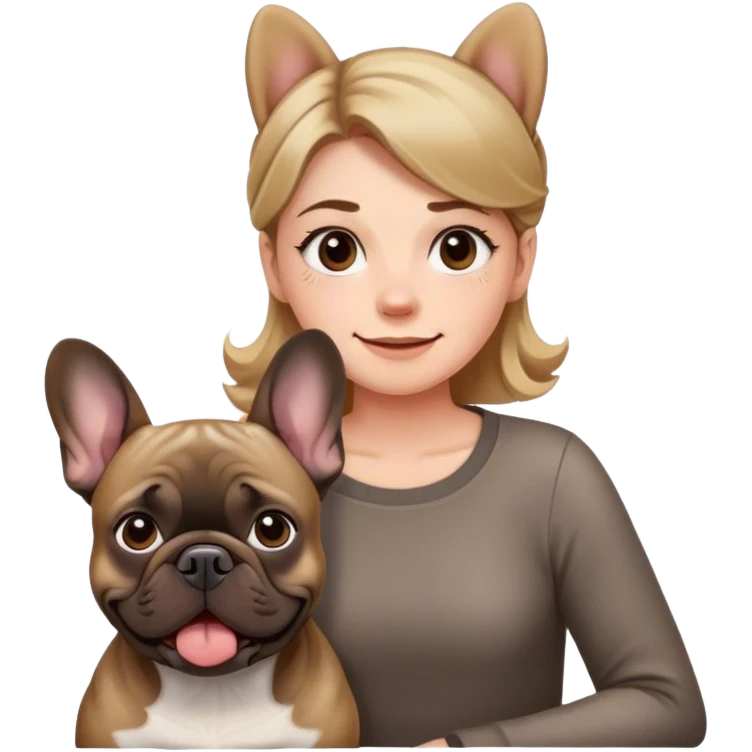 can you make an emoji of a girl with brownish light hair with a frenchie that is brindle and she is smiling and the dog is staring confused at the camera a emoji