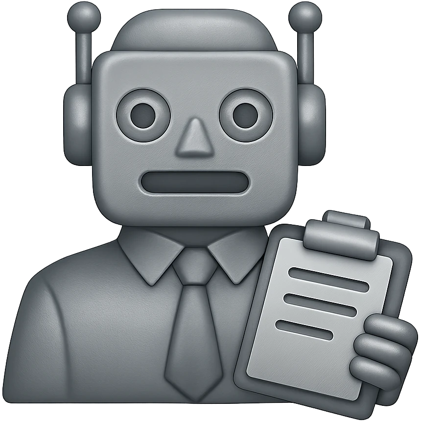Make the recruiter robot emoji more masculine in a flat, metallic style similar to Apple emojis. The robot should be holding a clipboard. The background should be transparent. emoji