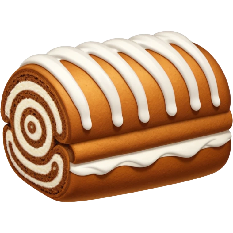 Brown cake roll with white drizzle frosting on top emoji