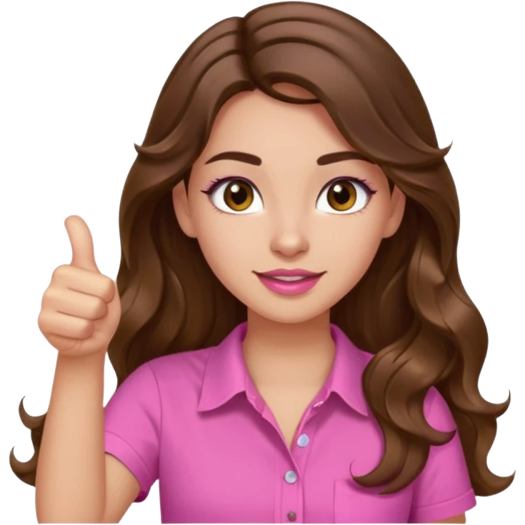 girl with long wavy brown hair, brown eyes, light to medium complexion, in a pink shirt, pink lips, long lashes, thumbs up emoji
