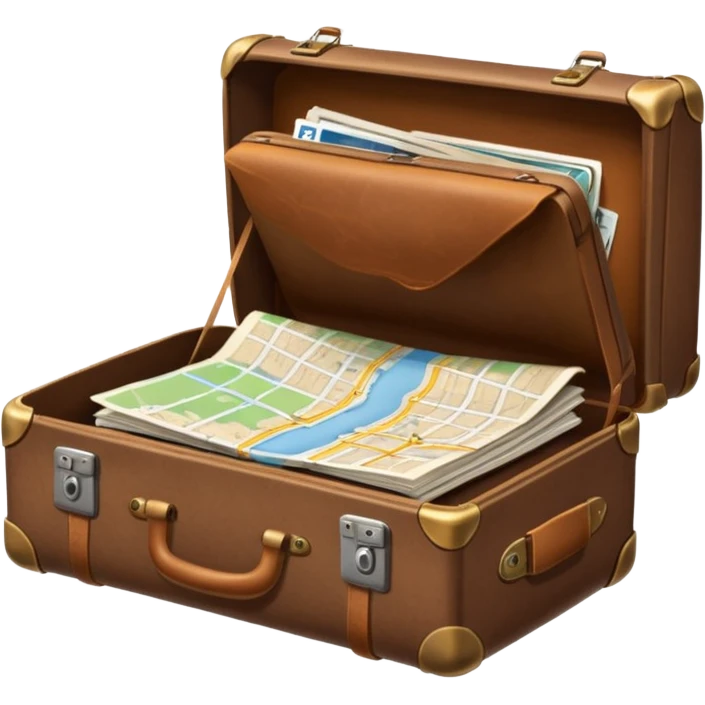 An open traveler's suitcase, from which a map, camera, and phrasebook peek out. emoji