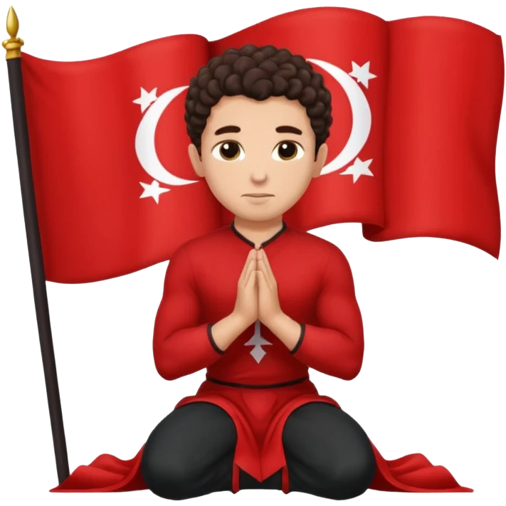 Brunette man clean shaven with slick back curly hair on his knees praying to an Albanian flag emoji