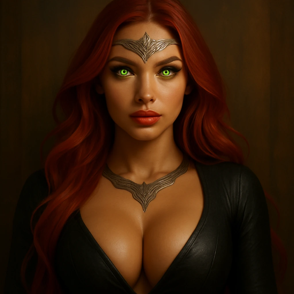 Remove the witch hat from the character. Make her look slightly more hyper realistic, closely matching the style and face of the first image. Keep her ethereal goddess look with glowing bright green eyes, larger pouty lips, much larger breasts with more cleavage, bronzed skin, long bright red hair, and a silver crown-like tattoo on her forehead. emoji