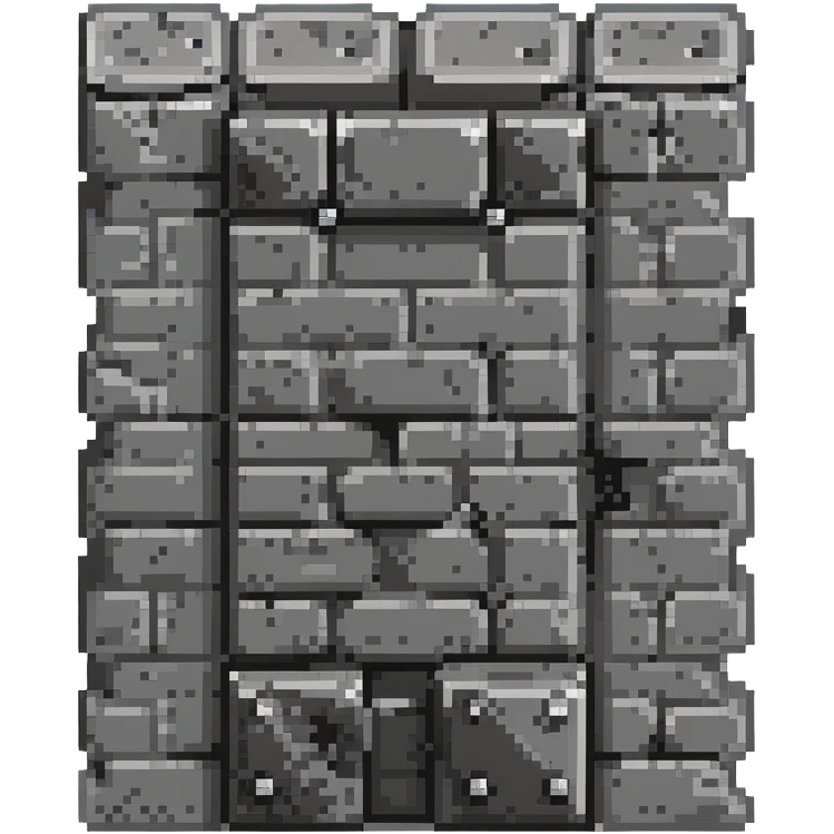 solid metal stone block wall with rivets and industrial details, dark gray with metallic highlights, 32x32 game asset emoji