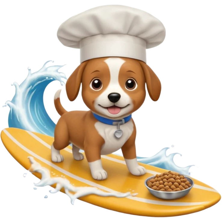 Dog wearing a chefs hat and surfing on a wave of dog food emoji