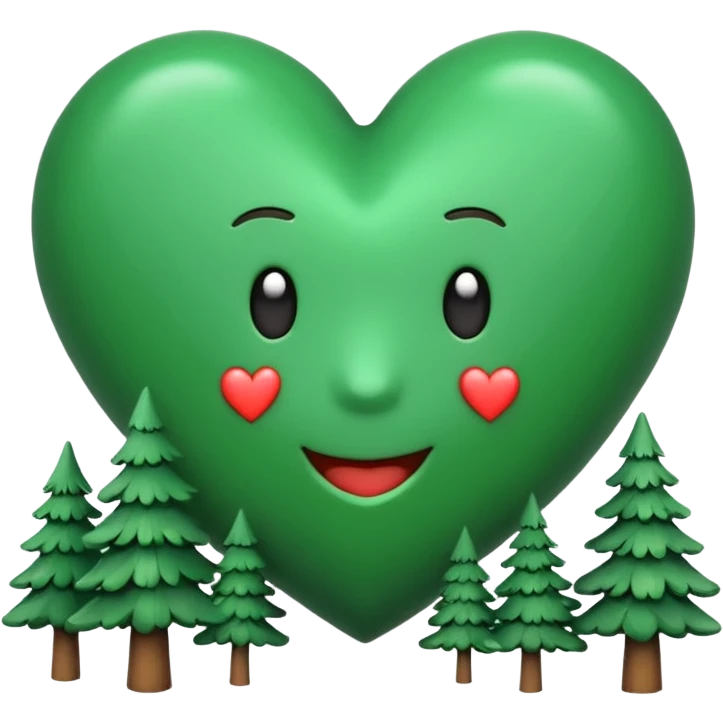 a big green heart emoji  with small pine trees behind it and i love you text on the front of the heart emoji