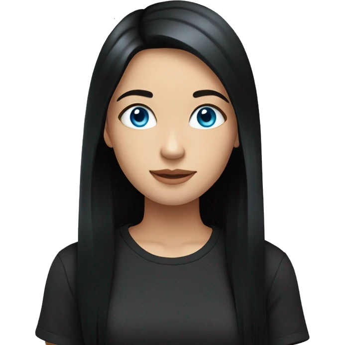 girl, long black hair, blue eyes, fair skin in a black T-shirt emoji