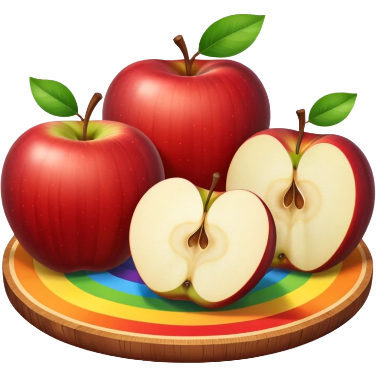 A round wooden board on which there are three whole apples and one apple, cut into two halves and several slices, with a rainbow outline emoji