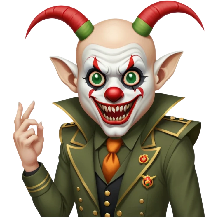 evil clown, bald, short goat horns on forehead, fangs, pointed ears, black and military green leisure suit, battle-ready fighting posture emoji