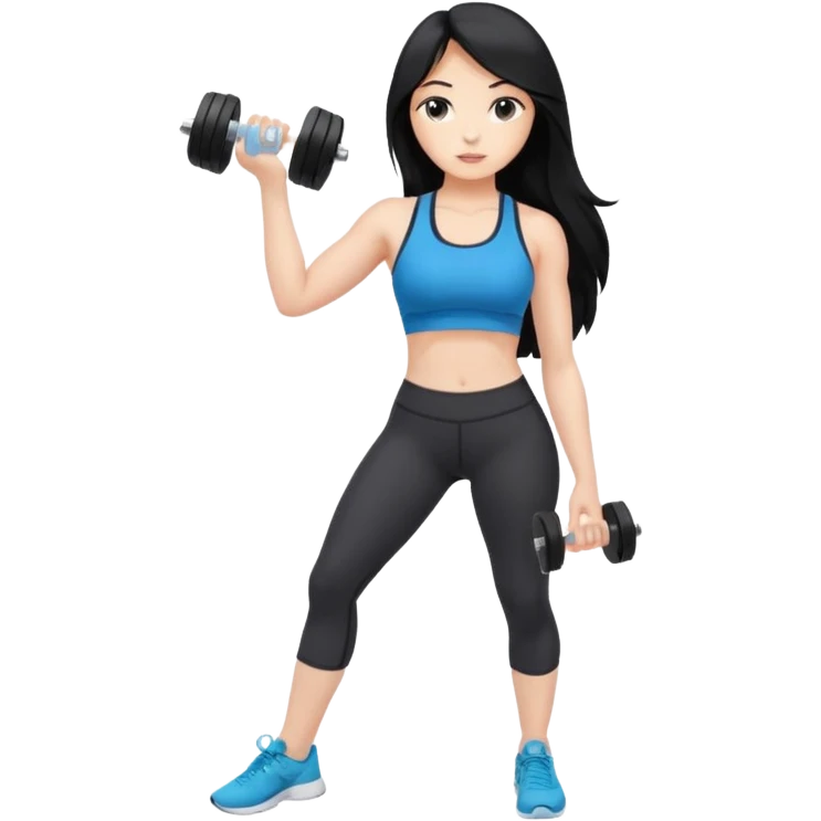 Long black hair girl with gym aesthetic, leggings with fitted shirt, with water bottle and dumble  emoji
