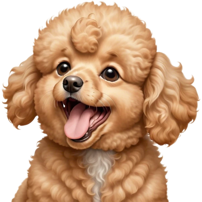 Cinematic Cute Yawning Apricot Poodle Portrait Emoji, Head tilted slightly with a dramatic, wide-open yawn, displaying a soft, curly apricot Fur with delicate texture, floppy ears slightly drooping, round warm eyes barely open in drowsy contentment, Simplified yet irresistibly adorable features, highly detailed, glowing with a soft, cozy glow, high shine, relaxed yet expressive, stylized with a touch of whimsy, bright and endearing, soft glowing outline, capturing the essence of a sleepy yet affectionate companion, so drowsy it feels like it could stretch right out of the screen and curl up for a nap! emoji
