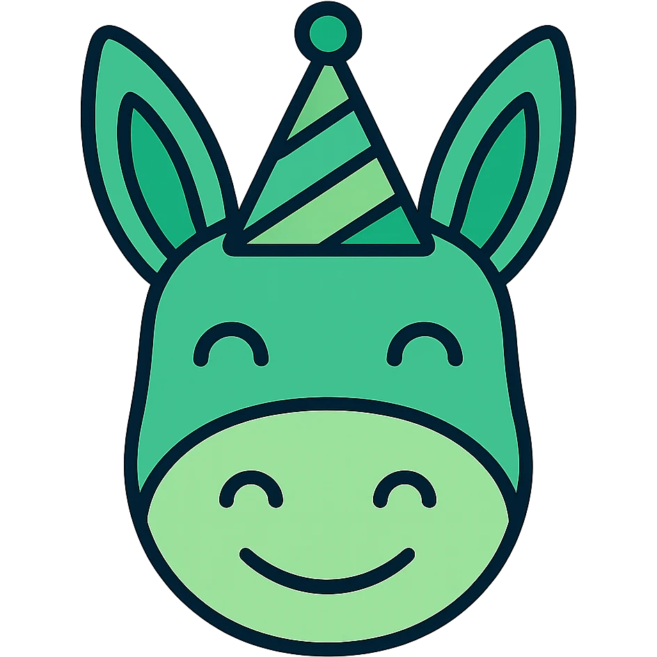 Add a colorful party hat with green tones to the happy donkey head icon, in color outline style, with no background. emoji