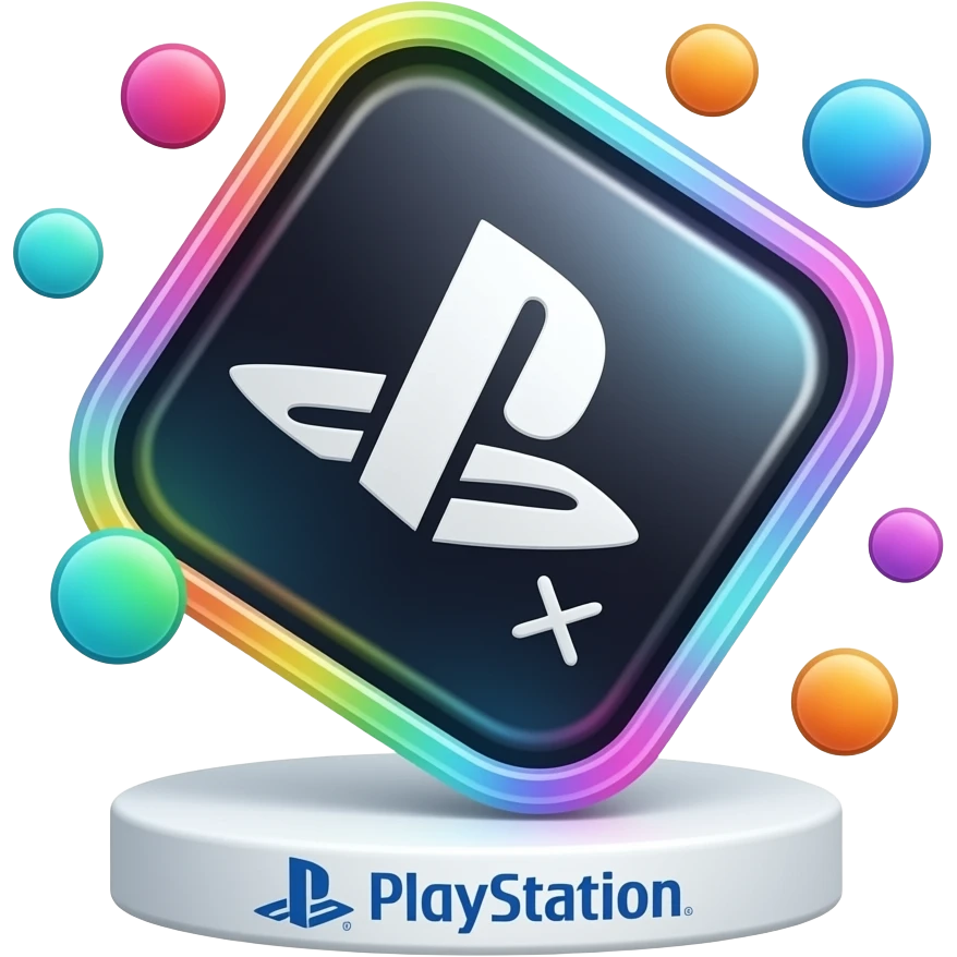 Square tilted 45 degrees game icon, dark glossy surface, large white PlayStation symbols triangle circle square cross centered, holographic rainbow glowing border edge, RGB colored discs floating around, white base stand below, PlayStation logo at bottom, dramatic light ray top right emoji