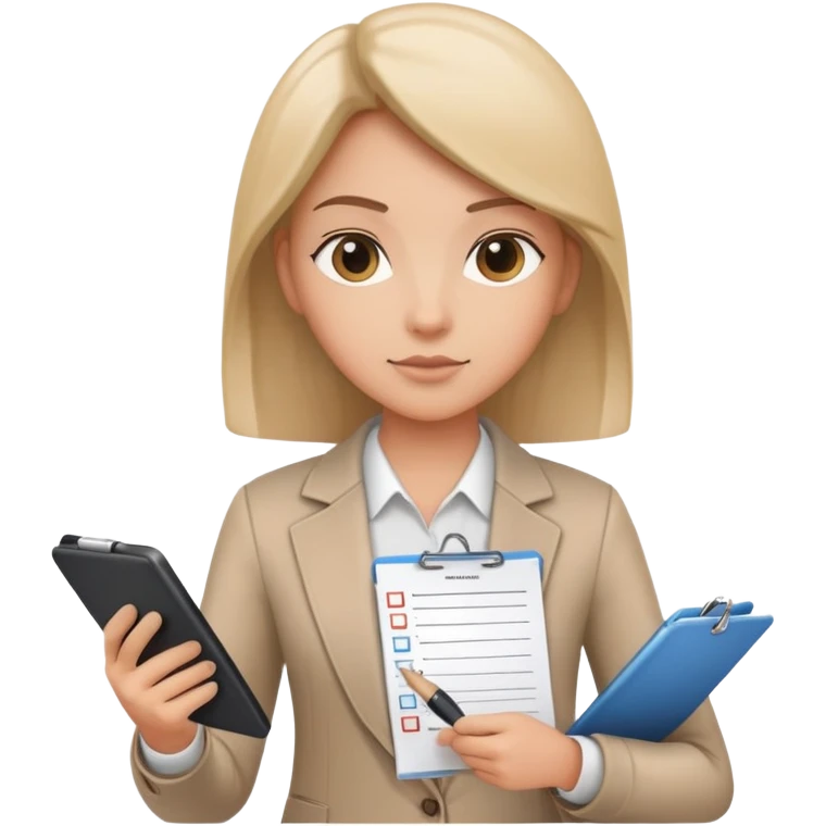 A person holding a checklist and pen is wearing smart casual clothing. The character is in a focused pose emoji